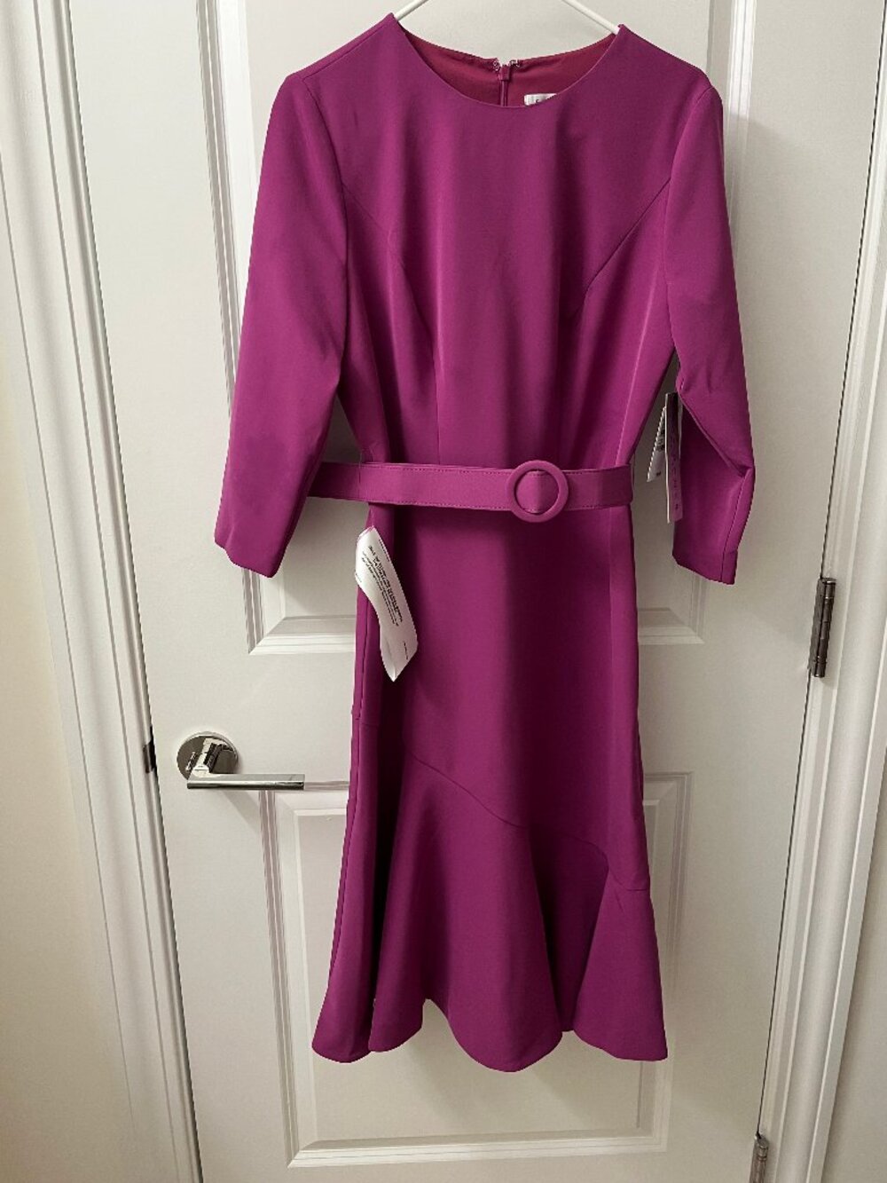 Kay Unger Cerise Polly Belted Three-Quarter Sleeve Stretch Midi Dress Size10 NWT